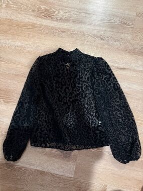 SHEIN Black Sheer Leopard Burnout Mock-Neck Blouse
